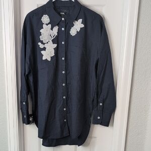 Maeve Navy Blue Button Down Shirt with White Floral Accents